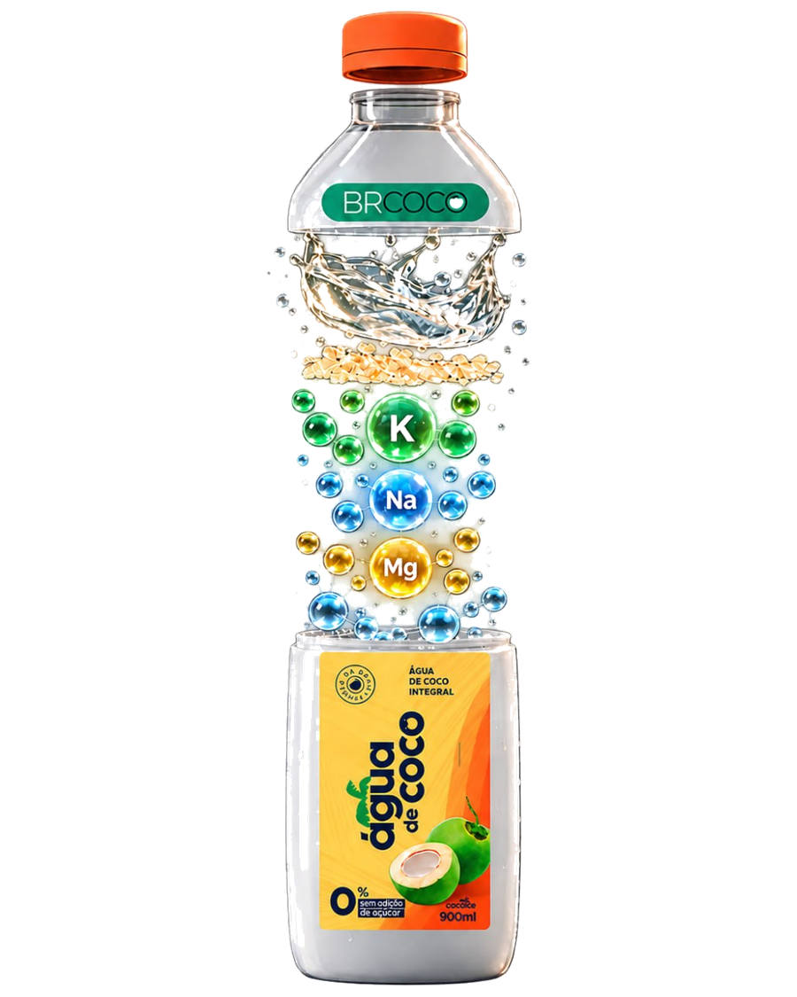 Água de coco BR Coco com novo rótulo: água de coco, açúcares naturais, potássio, sódio, magnésio e eletrólitos